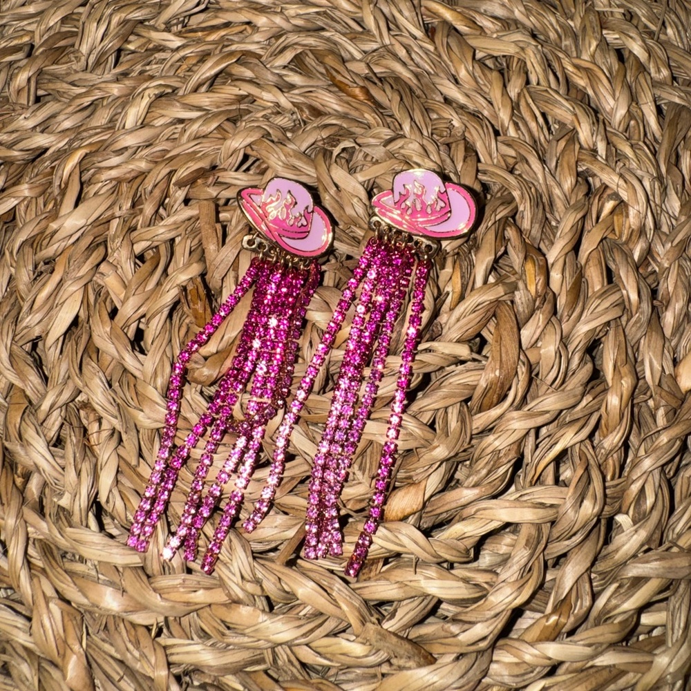 Pink Beaded Tassel Cowboy Earrings